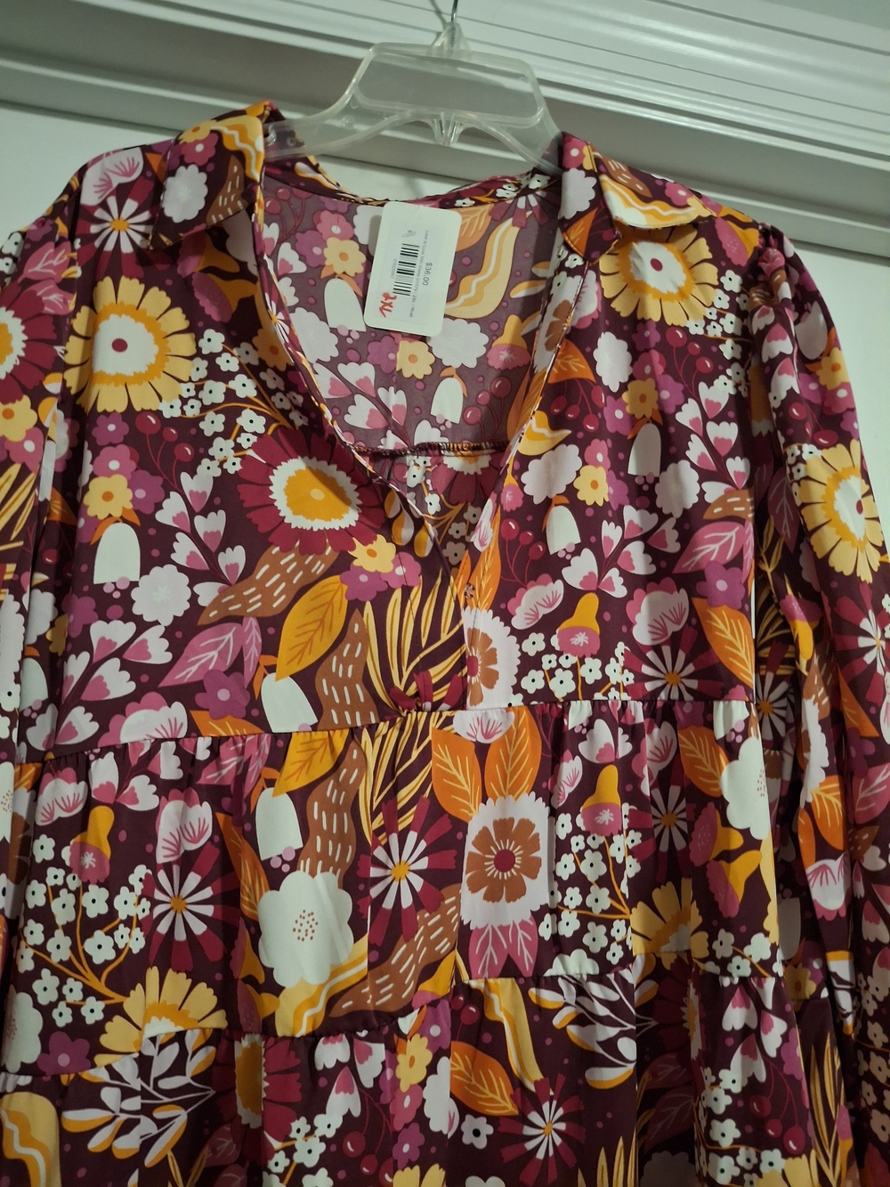 POCKETS!!! Burgundy Floral Tiered Long Sleeve Dress with Pink & Gold Accents